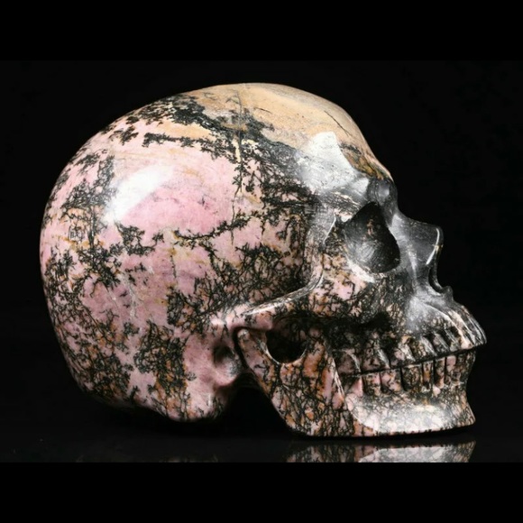 Huge 5.0" Pink & Black Rhodonite Carved Crystal Skull, Realistic - Picture 3 of 6